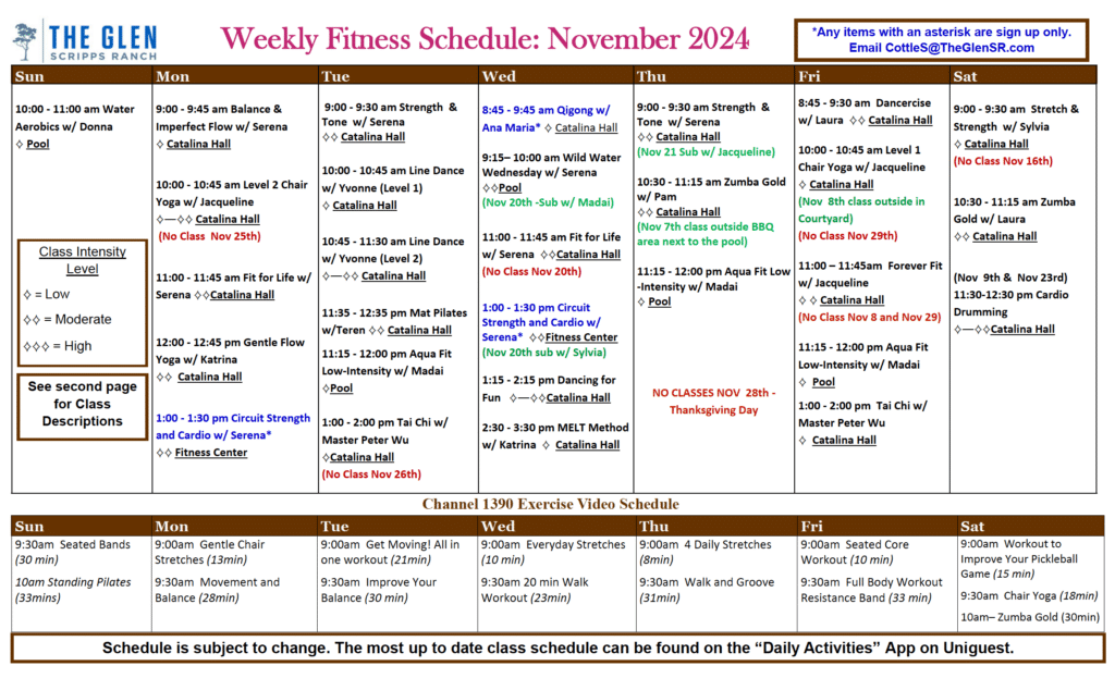 Fitness Calendar for The Glen