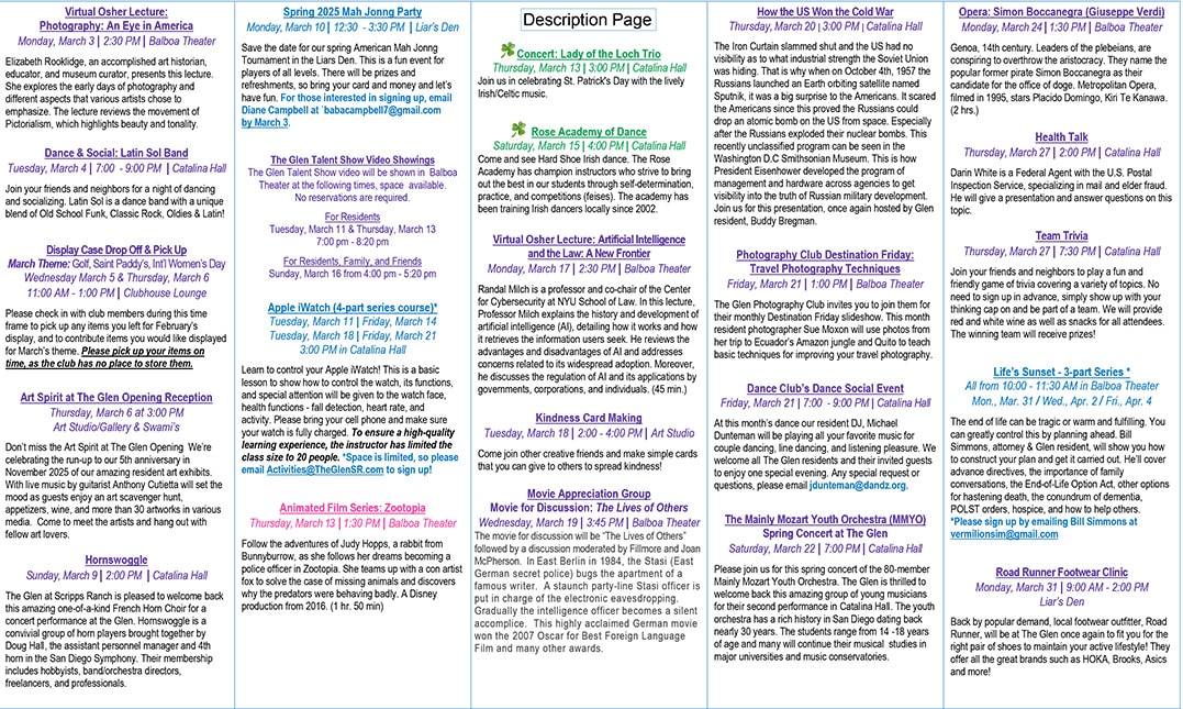 The March activities class descriptions