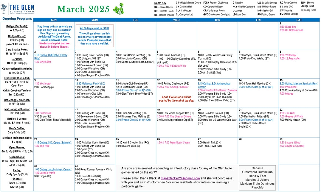 The March activities calendar