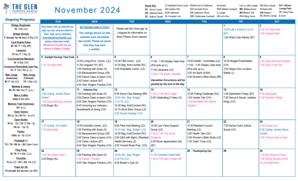 November Calendar for The Glen