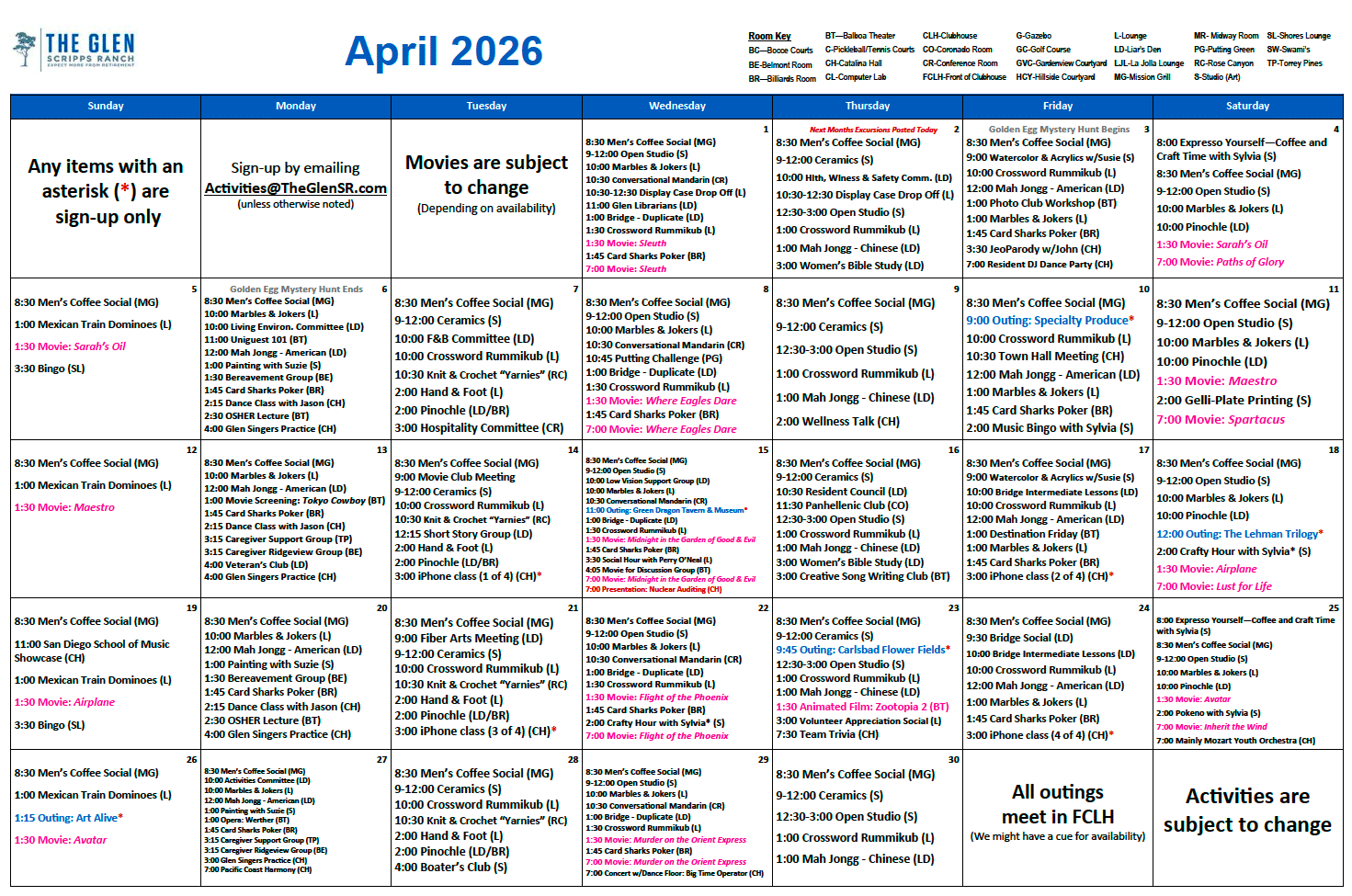 GSR March activity calendar The Glen at Scripps Ranch April activity calendar