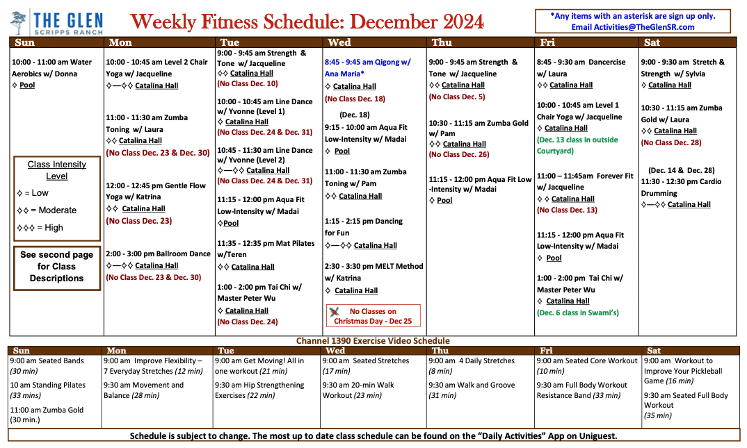 December Fitness Classes