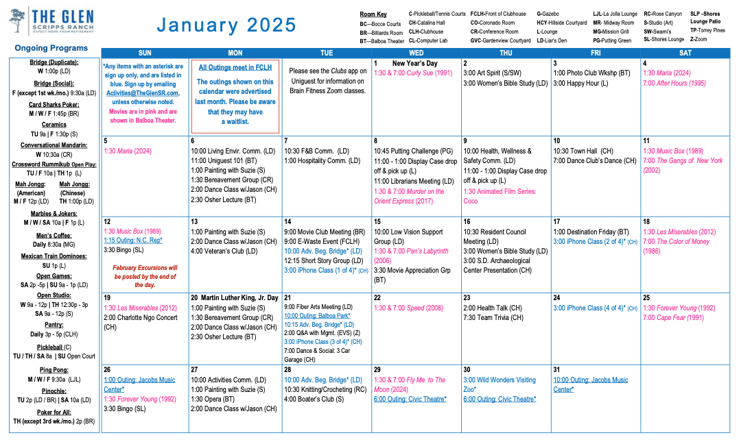 January Activity Calendar