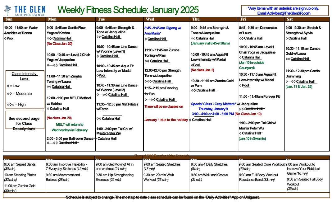 January Fitness calendar