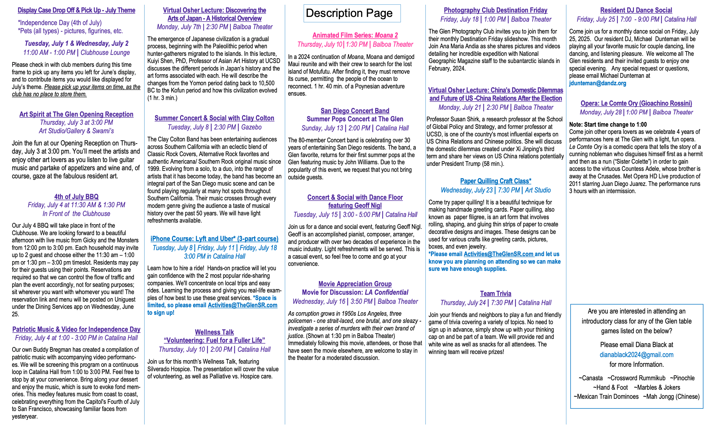 July Activity Descriptions