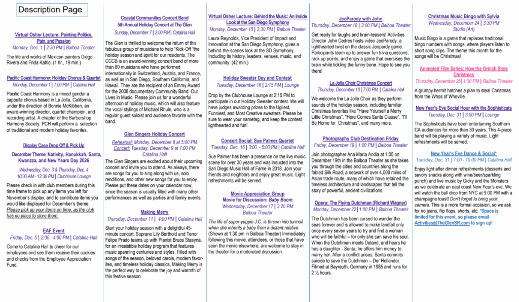Description page of classes and activities at The Glen