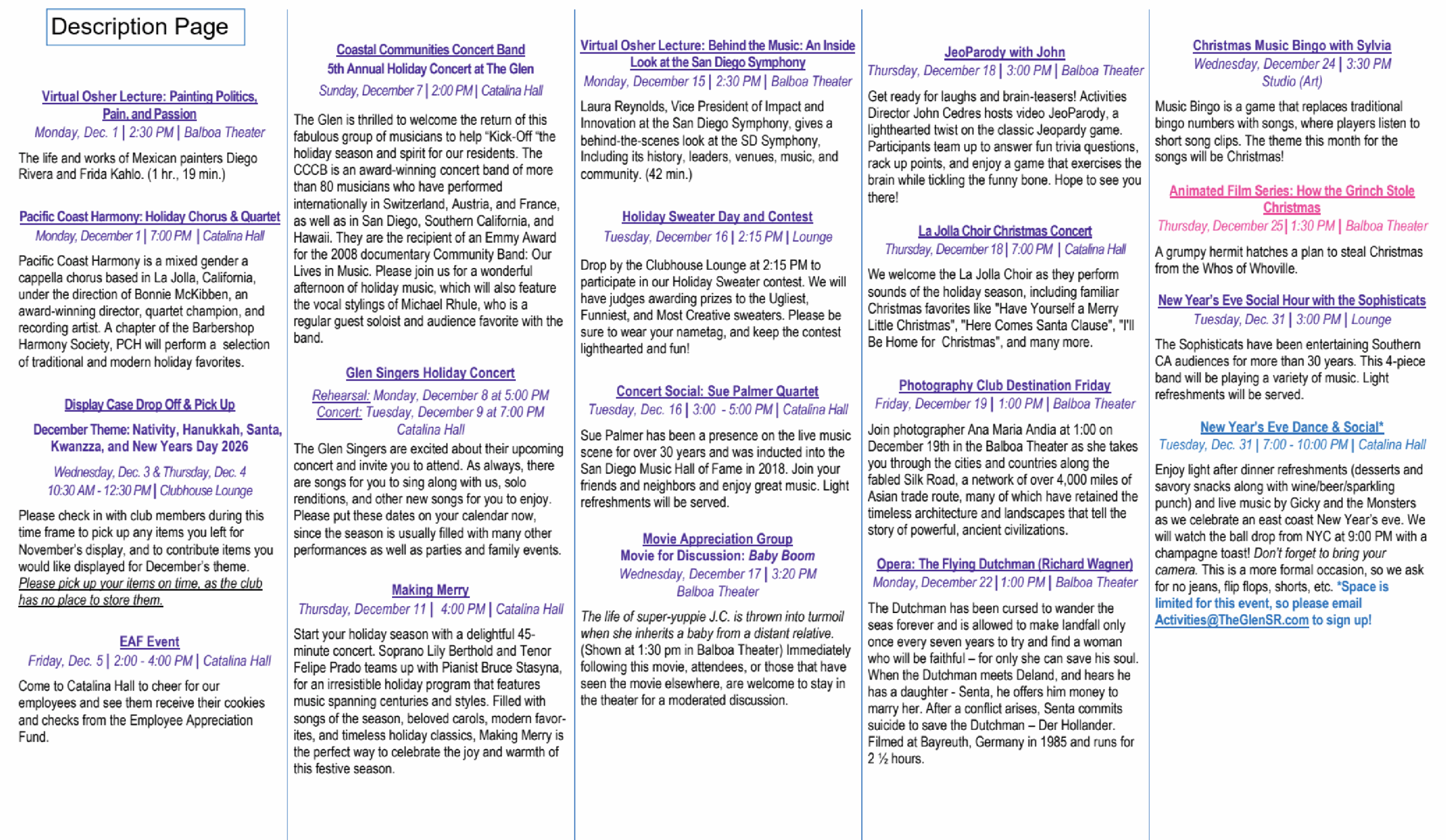 Description page of classes and activities at The Glen