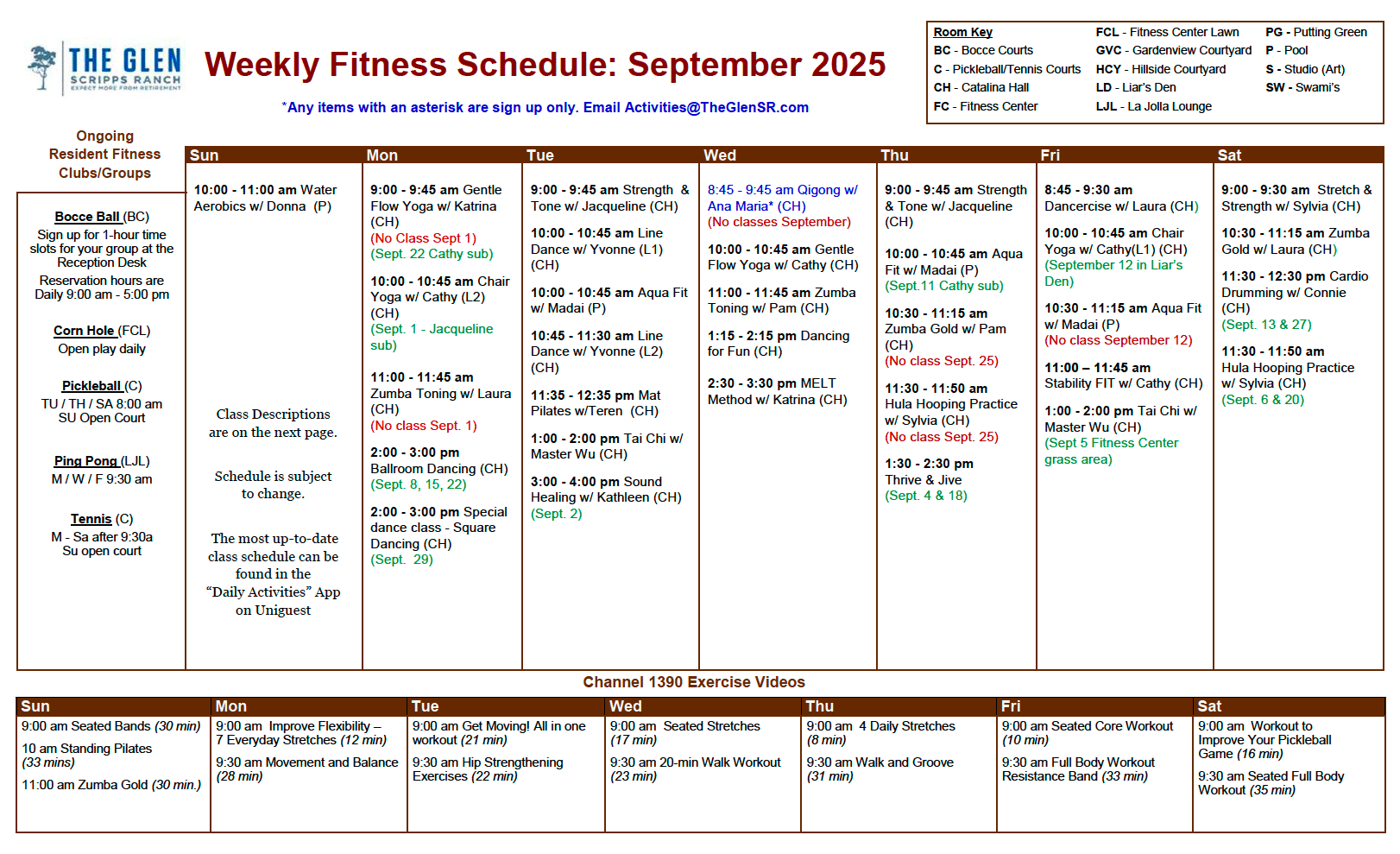 The Glen at Scripps Ranch September fitness class schedule