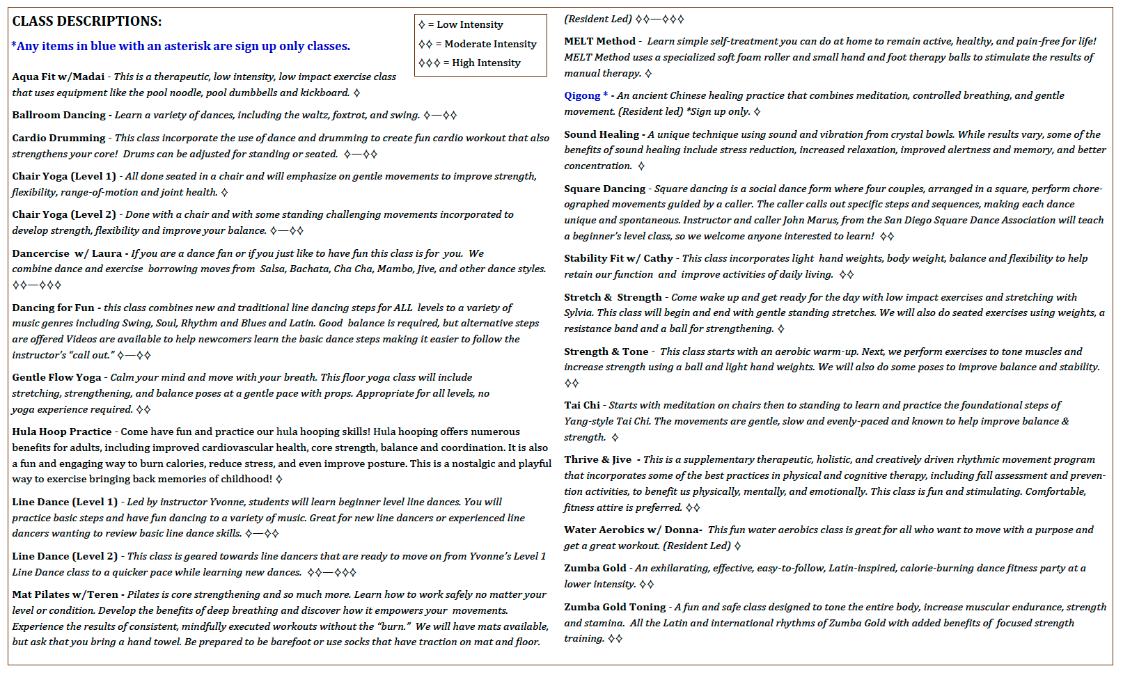 The Glen at Scripps Ranch fitness class descriptions for September