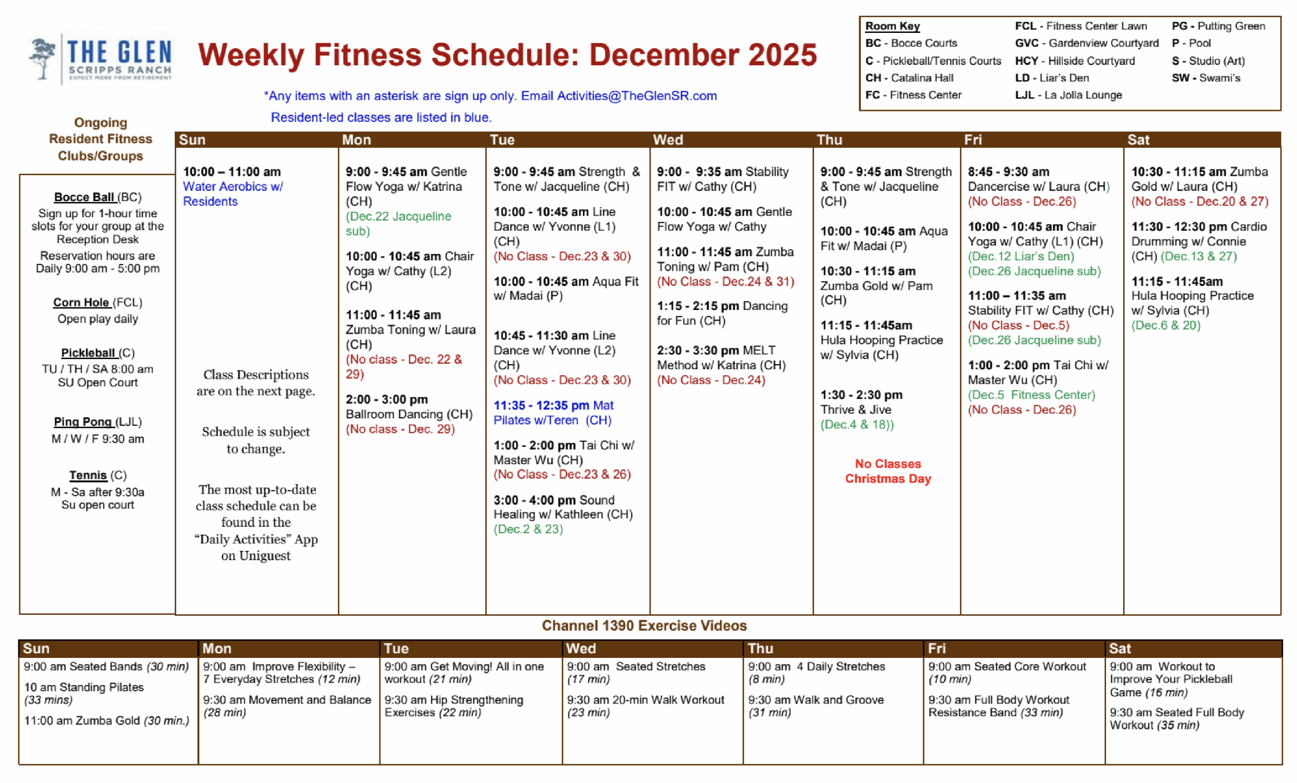 The Glen Weekly Fitness Schedule for December 2025