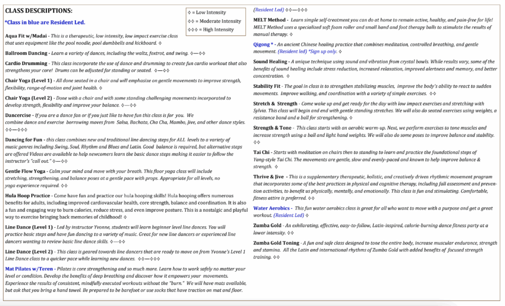 The Glen at Scripps Ranch Class Descriptions for fitness classes.