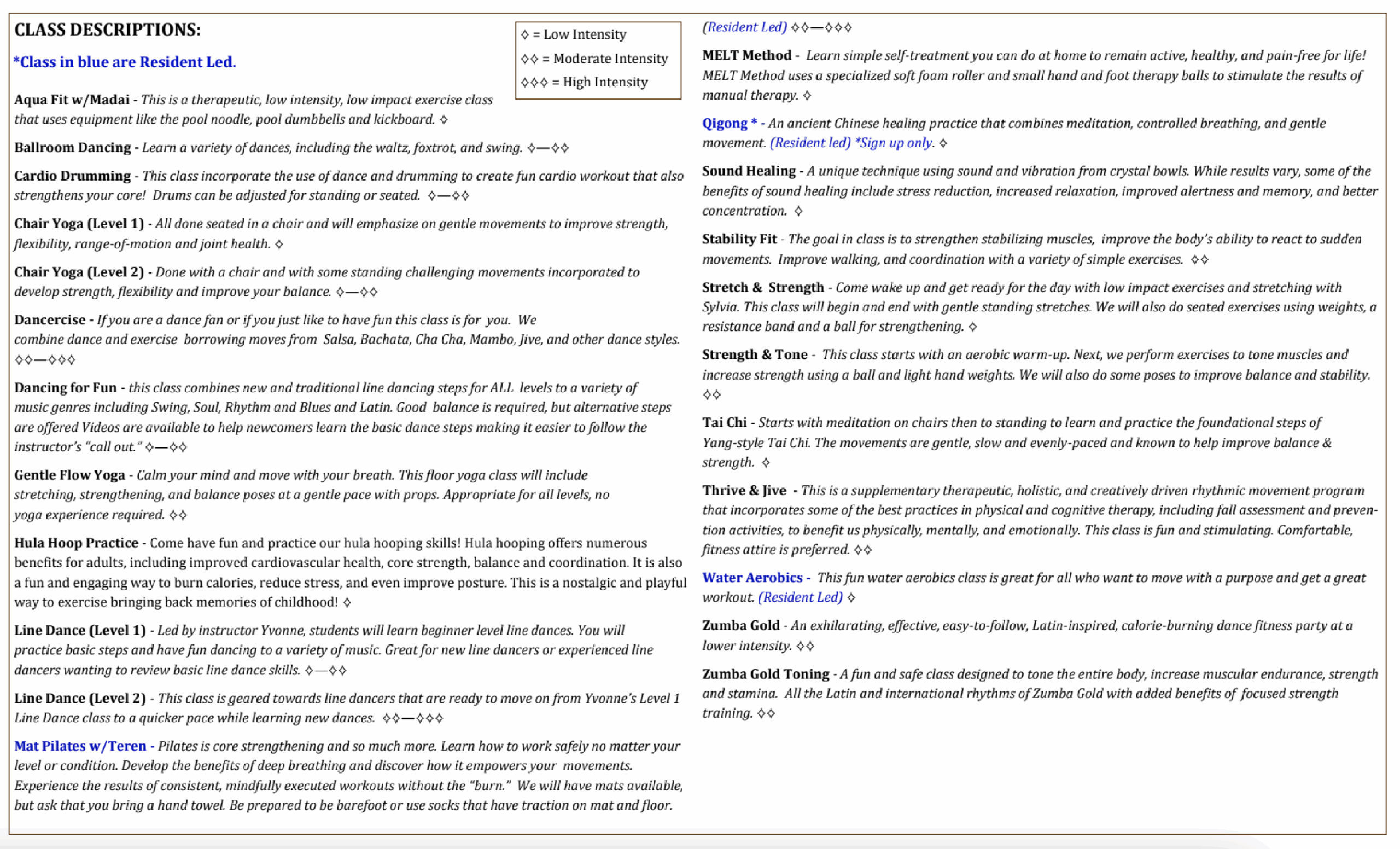 The Glen at Scripps Ranch Class Descriptions for fitness classes.