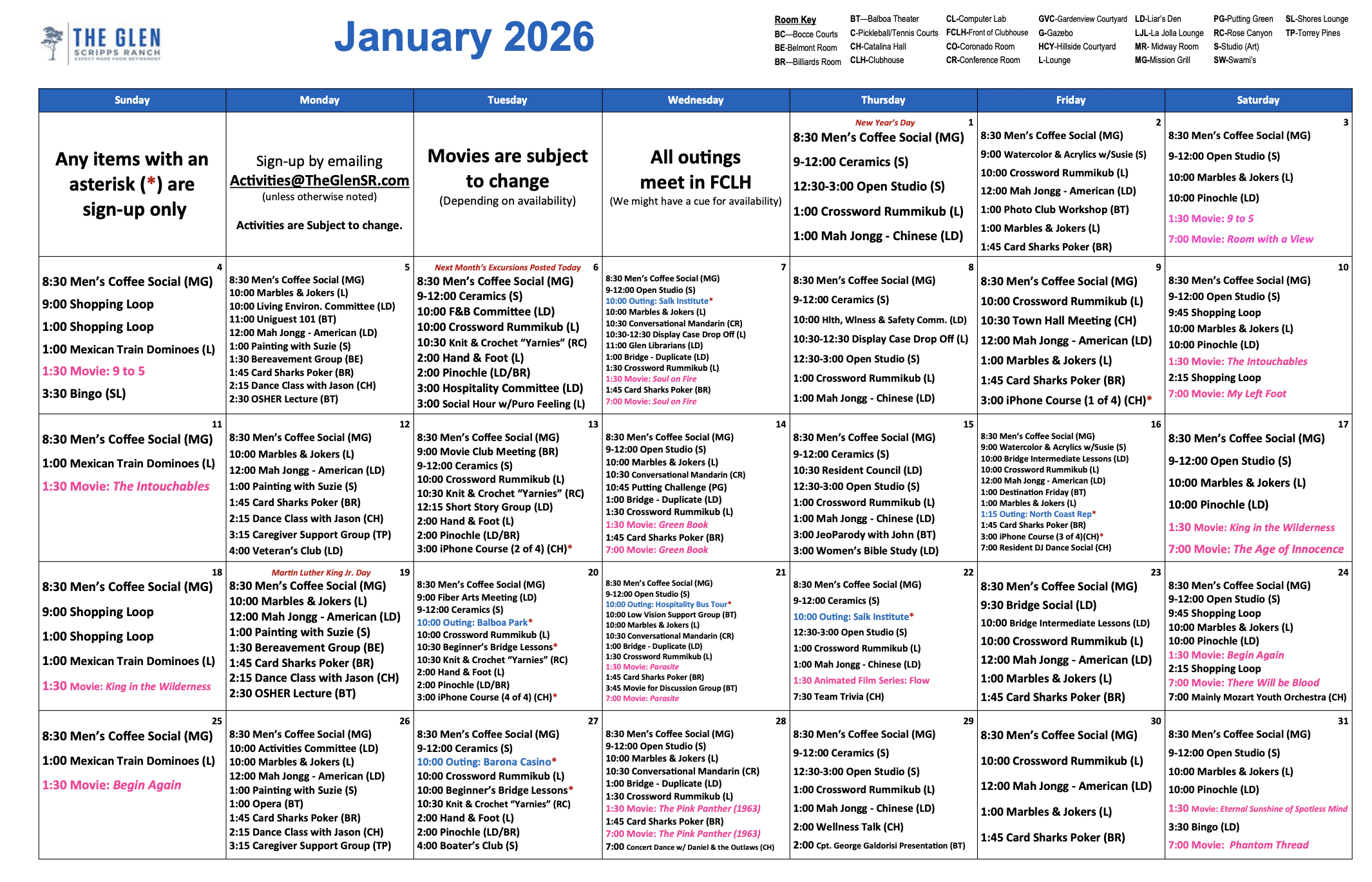January 2026 Activity Calendar