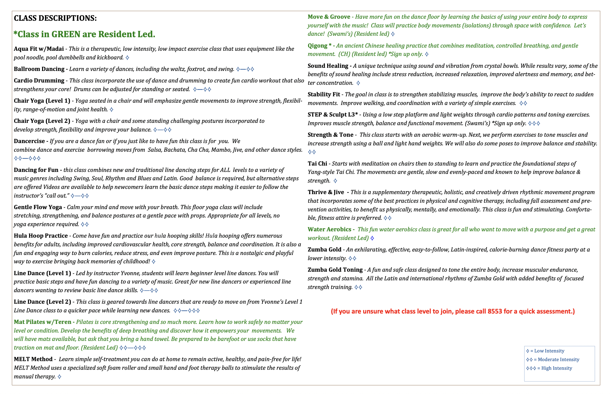 Glen at Scripps Ranch January Fitness Descriptions