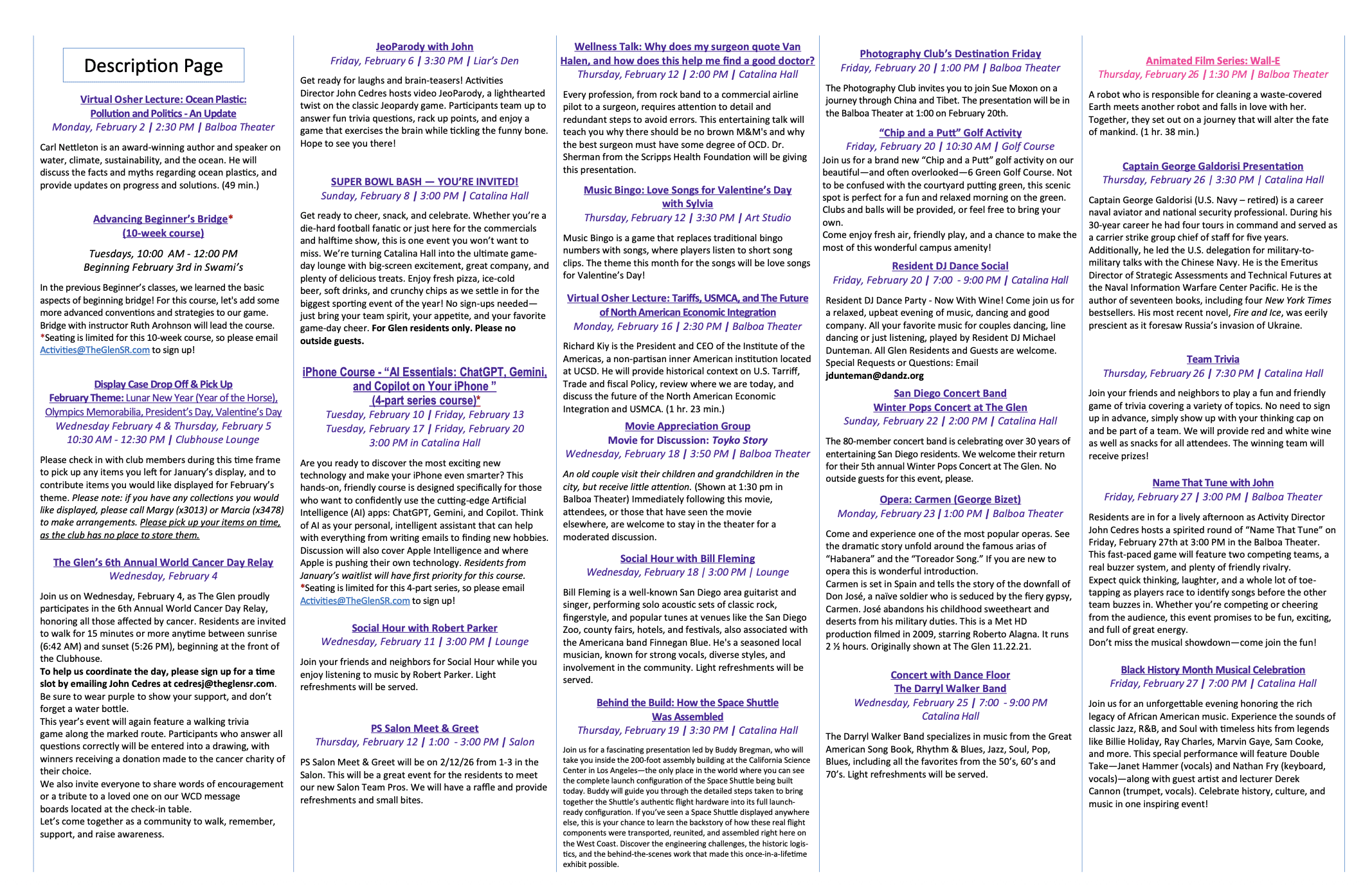 February activity descriptions