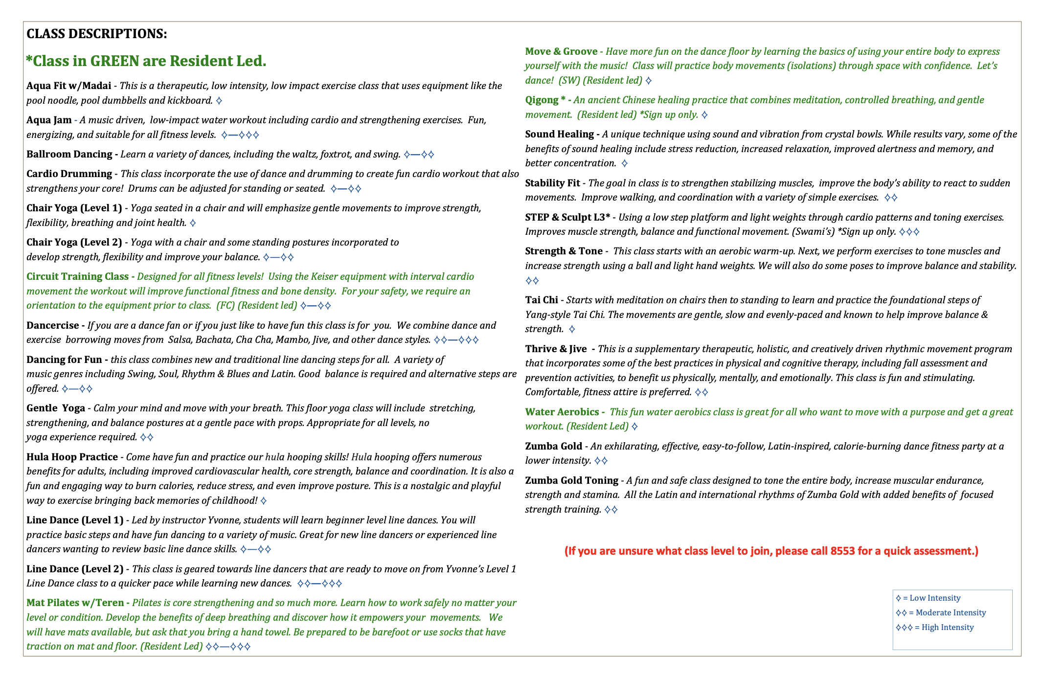 February Fitness Calendar Class Descriptions