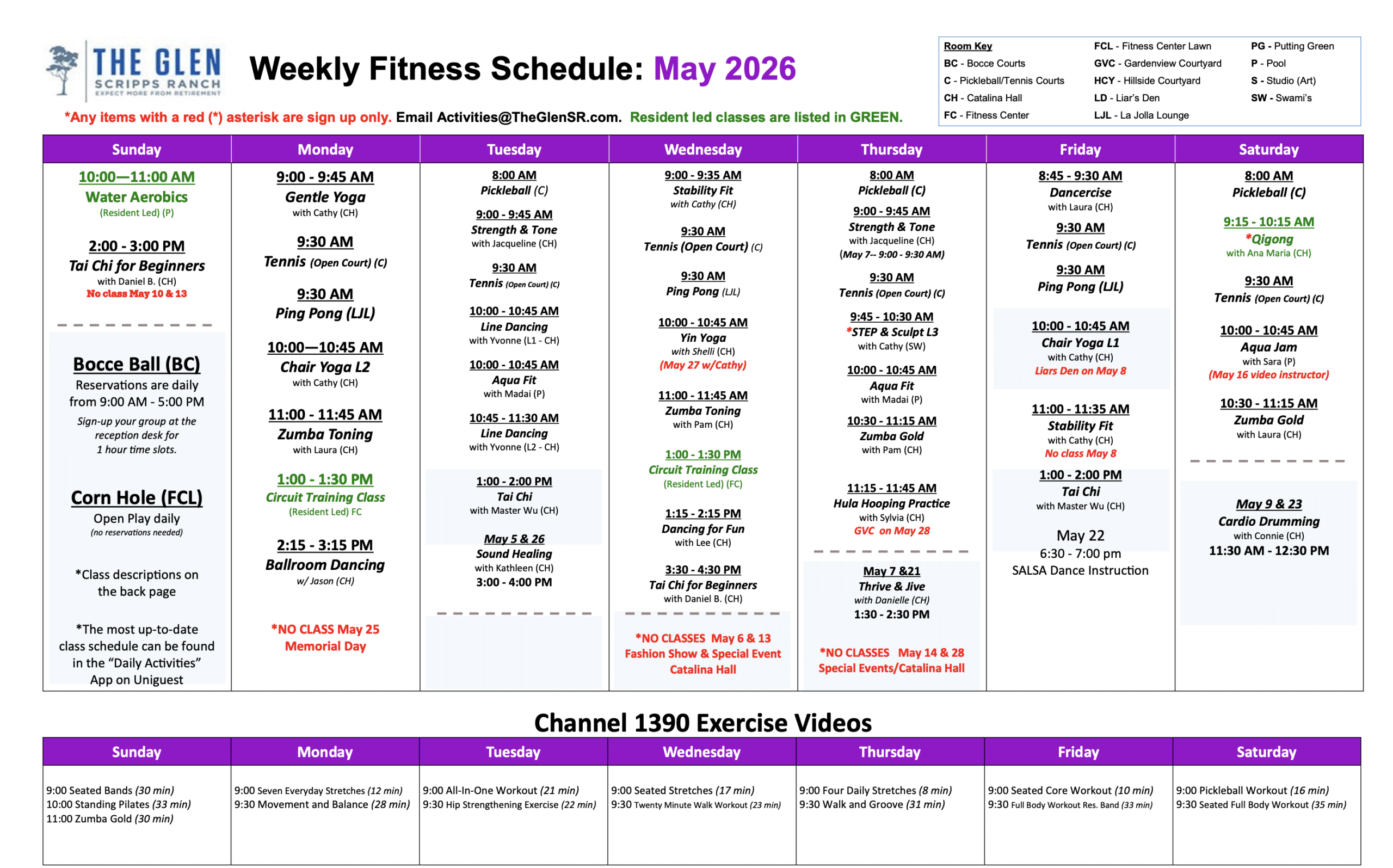 The Glen at Scripps Ranch Weekly Fitness Schedule: May 2026