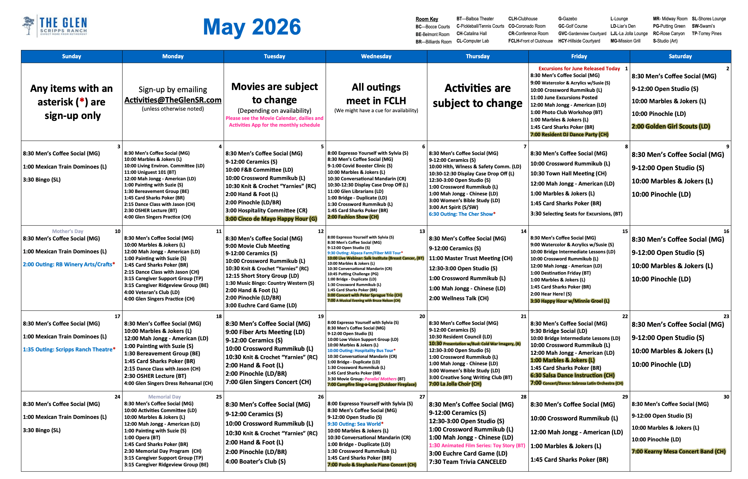 May 2026 Glen at Scripps Ranch Activity Calendar