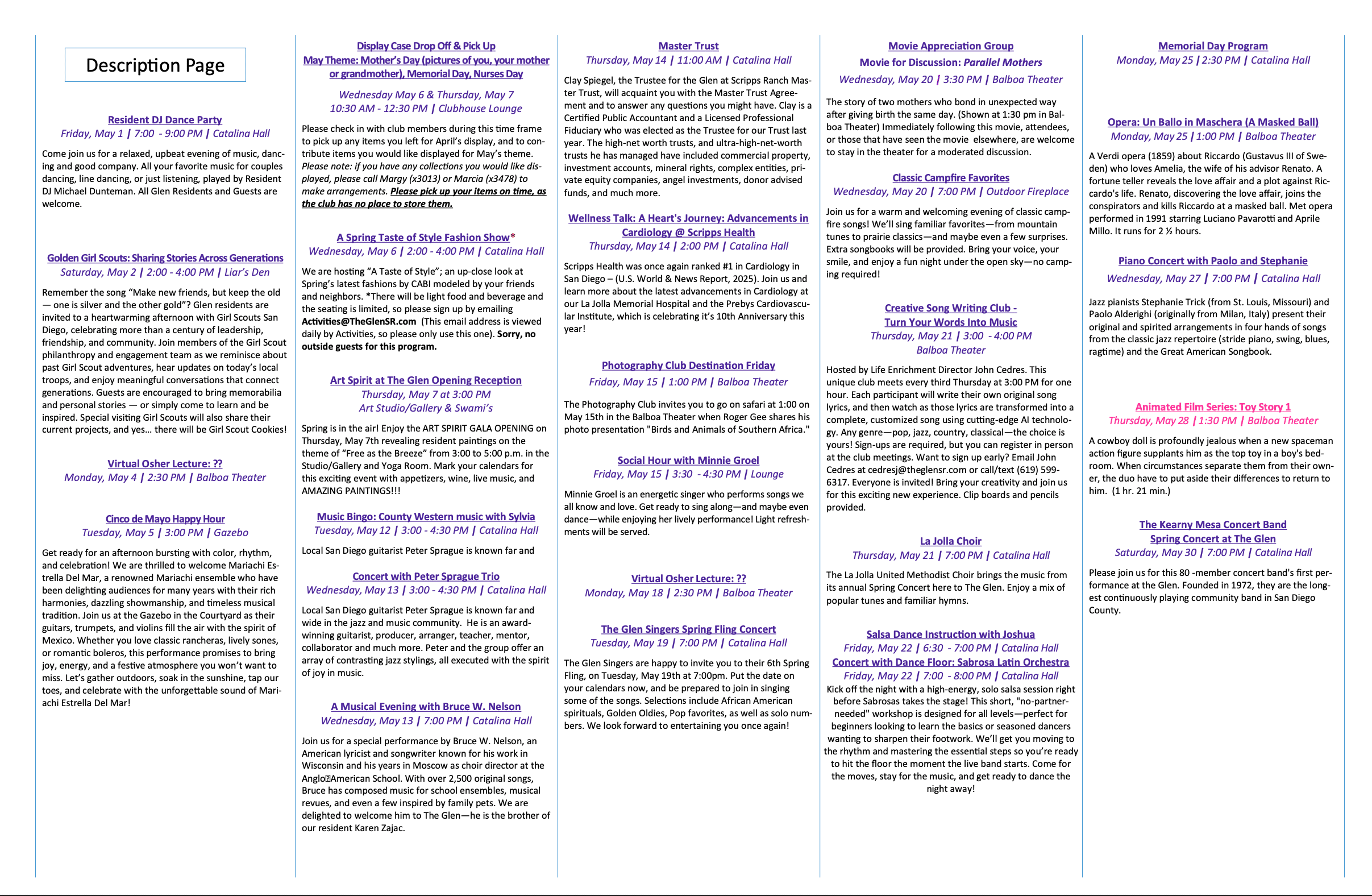 May 2026 Glen at Scripps Ranch Activity Descriptions